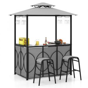 Tonnelle de Barbecue avec 2 Tabourets de Bar COSTWAY-Plateau en Verre Trempé-Etagères de Rangement-Auvent à Double Niveau-Gris