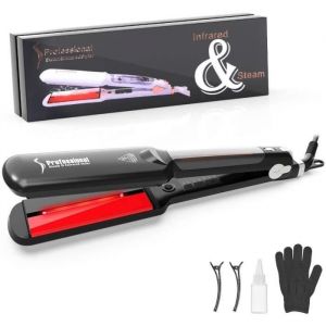 Fer &agrave; Lisser Vapeur Infrarouge Professionnel Lisseur Cheveux Anion Plaque Large Fer &agrave; Boucler en C&eacute;ramique Humide et Sec Avec Un Gan
