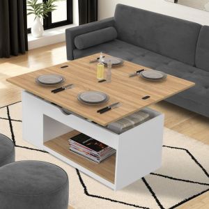 IDMARKET Table basse plateau relevable rectangulaire convertible en table &agrave; manger ELEA 100 cm bois blanc et fa&ccedil;on h&ecirc;tre