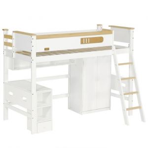 Lit combiné mezzanine enfant 90x200 cm avec protection antichute table et penderie étagères ouvertes rangementblanc + naturel