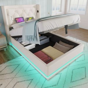 lit coffre hydraulique90 x 200 cmLit simple capitonn&eacute;LED 3 c&ocirc;t&eacute;s et charge USB/Type-CPU100 x 210 x 101 cmBlanc