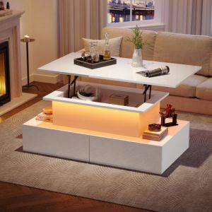 Table basse finition laqu&eacute;e brillante avec &eacute;clairage LED et 4 tiroirs avec rangement blanc 90x55x41 cm-HAUSS SPOLE