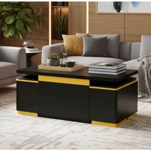 Table basse 100x50x43cm - Transformable en table &agrave; manger - 4 Tabourets Coffres inclus - Plateau d&eacute;pliable et r&eacute;glable - Noir