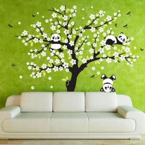 Stickers Muraux Panda et Mignons Blanc Fleur Autocollant Mural Animaux Ours D&eacute;coration Murale Chambre Enfants B&eacute;b&eacute; P&eacute;pini&egrave;re