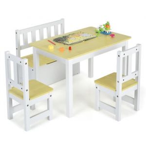 DREAMADE Ensemble de Table et 2Chaises Enfant avec Banc Coffre &agrave; Jouet 2 en 1 Ensemble Table dActivit&eacute; en Bois pour