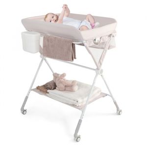 DREAMADE Table à Langer Pliable Bébé Portable avec 4 Roues 3 Hauteurs Réglables Espace de Rangement et Porte-serviettes Beige
