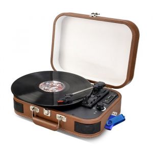 Platine vinyle portable 334578 trs multifonction Bluetooth r&eacute;tro Inovalley TD14Port USB 2.0 Cuir marron+Cl&eacute; 32G