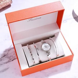 Coffret Cadeau Montre Femme Fille - Parure de Bijoux Cadeau Chic Marque De luxe- Montre &agrave; quartz - Bracelet Femme - 4 Pcs