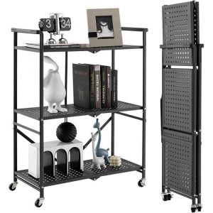 GOPLUS Desserte à Roulettes PliableChariot Roulant 3 Niveaux 725x33x935CMavec Poignée Pratiquepour GarageCuisineMaisonNoir