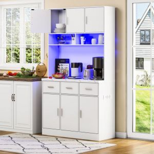 Armoire Cuisine à Eclairage LEDBuffet Haut avec Prise de CourantTiroirsPortesEtagères Réglables Blanc100x40x180cm