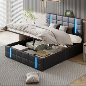 Lit Double 160x200 avec Rangement HydrauliqueLIT Adulte T&ecirc;te de Lit LED RGB et Ports USB en Tissu Lin Simili Cuir Noir Style