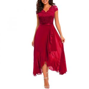 Robe Cocktail Mariage Femme Dentelle Sans Manches Robe de Soirée Longue Col V Couleur Unie - Rouge