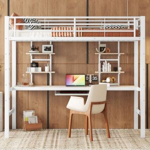 Lit mezzanine 90 x 200 cm avec bureau et deux &eacute;tag&egrave;res Lit enfant avec cadre de lit en m&eacute;tal Lit 1 Personne Blanc
