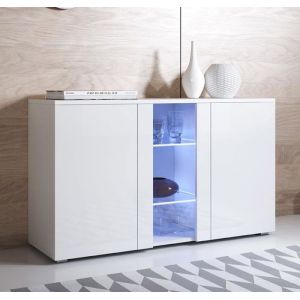 Buffet Bahut 3 portes 2 étagères vitrine LED  120 x 72 x 40 cm  Couleur Blanc Finition Brillante  Rangement  LUKE A1