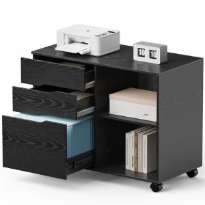 Caisson Bureau 3 Tiroirs Table de Chevet Petit Meuble de Rangement avec roulettes pour Chambre Salon Noir