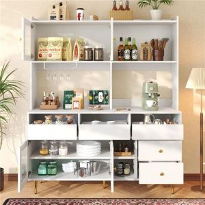 Buffet haut 145&times;39&times;171 cm avec porte vitr&eacute;e Buffet de cuisine avec &eacute;tag&egrave;re &agrave; verres &agrave; vin Buffet salle a manger en blanc