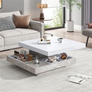 Table basse fonctionnelle à double plateau avec surface laquée plateau rotatif à 360° plateau pivotant