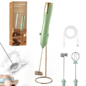 Mousseur &agrave; Lait USB Rechargeable Portable mini fouet electrique 3 Vitesses avec Support Inoxydable et Dual T&ecirc;te Spirale - Vert