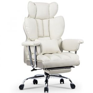 Fauteuil de Bureau - Chaise de Bureau en Cuir &agrave; Dossier Grand - soutien lombaire - repose-pieds  - accoudoirs allong&eacute;s - Blanc