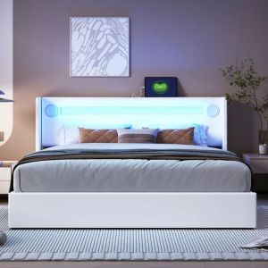 Lit Double coffre rembourré 160x200 cm LED Bluetooth USB cuir PU mezzanine sommier lattes blanc - Décoration chambre(sans Matelas)