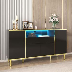 Buffet Salon Noir Brillant &agrave; LED Eclairage Buffet Bahut El&eacute;gant avec 1 Tiroir 4 Portes Pieds en M&eacute;tal Dor&eacute;150x40x80cm