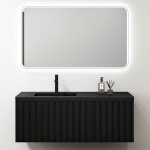Sogood Meuble de Salle de Bains Suspendu 120x50x46 cm avec Lavabo Ensemble de 3 Pi&egrave;ces Vasque LED Miroir Noir Mat Santa