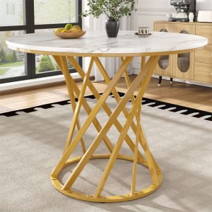Table Ronde 80×80×76cm Table a Manger Ronde Cuisine pour 4 Personnes Table Tulipe Plateau en MDF Effet Marbre Pieds Métal Doré