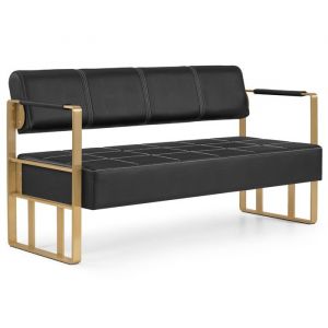 BarberPub Banquette de 3 places avec bras dorés Banc dattente banc de salon W528GBK (noir-or/simili cuir)