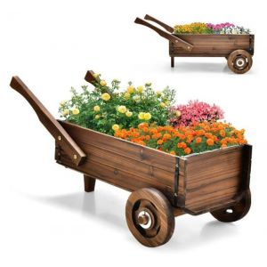 Brouette de Jardin 2 Roues - RELAX4LIFE - en Bois - Trou de Drainage - 2 Poign&eacute;es - D&eacute;coration de Jardin - 81X40X385CM - Brun