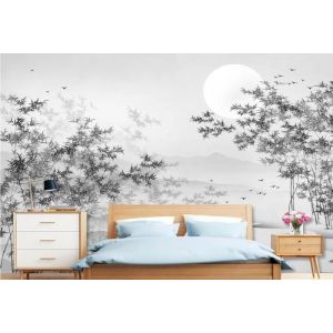Papier Peint Panoramique Art Zen Noir Et Blanc For&ecirc;t Lac Eau Lune Nature Paysage 350x250cm 3D Intiss&eacute; Soie Poster Geant Mural