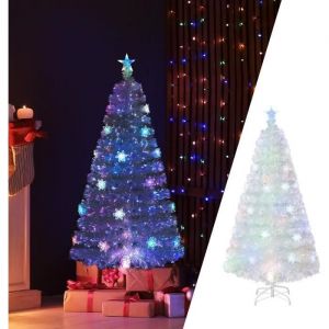 Sapin de Noël LED Blanc à Fibre Optique 150cm COSTWAY-Feuilles Irisées Flocon de Neige-24 Lumières Multicolores-Décoration Etoilée