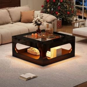 Table Basse LED Carr&eacute;e 70x70x35 cm Table de Salon Noir avec Hublot de Rangement Plateau Verre Tremp&eacute; Brillant Conception creuse