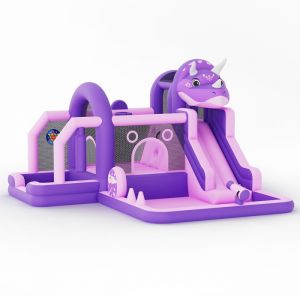 Ch&acirc;teau Gonflable DINOSAURE G&eacute;ant 382x375x254 cm - Avec Toboggan + Souffleur Inclus - Pour Jardin & Int&eacute;rieur -Violet