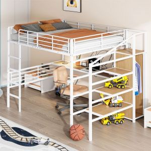 Lit Mezzanine 2 Places avec Bureau et Escalier Lit Mezzanine 140x200 pour Enfant AdulteLit RangementPenderie OuverteMétalBlanc