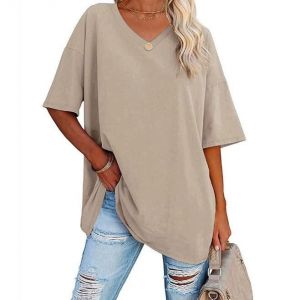 T-shirt oversize femme vintage - Kaki - Col en V - Manches courtes - Haut coton