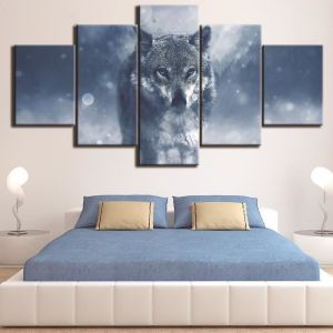 MJK-182 Toile moderne abstraite imprim&eacute;e HD d&eacute;cor de salon maison 5 panneaux images danimaux de loup peinture (Sans cadre)