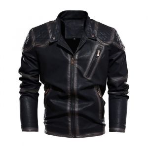 Blouson Homme Col Montant Style Motard Veste Homme en PU cuir -Noir