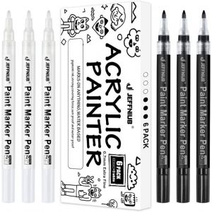 Feutre Acrylique Noir et Blanc Pointe Fine 6 Stylo de Peinture Acrylique Noir et Blanc pour Toile Galet Verre Metal Pneu