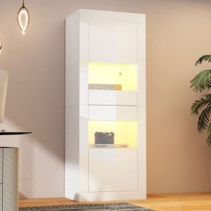 Buffet de salon Bahut blanc Vitrine haute avec éclairage LED 1 porte en verre Vitrine Vitrine indépendante Armoire haute