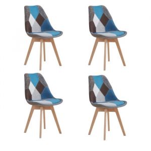BenyLed Lot de 4 Chaises de Salle à Manger en Patchwork Avec Assise Rembourrée et Pieds en bois Idéal pour Salle à Manger Bleu