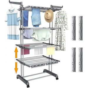 Séchoir À Linge Pliable À 5 NiveauxHauteur RéglableÉtendoir À Linge DIntérieur En Acier Inoxydable Avec 4 Roulettes32 Tringles