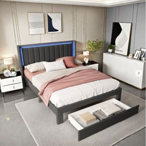 Lit Double - Lit 180x200 cm - Lit adulte 180x200cm - Lumière LED et USB - Cadre de lit avec 1 tiroir de rangement - Tissu lin -