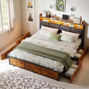 Lit 180x200 cm 4 tiroirs et LED PU Cadre de lit 180x200 cm en metal Lit coffre adulte 180x200 cm Sommier Marron et Noir