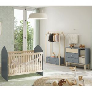 KAINA - Pack Lit B&eacute;b&eacute; Cabane 60x120cm + Commode + Penderie Coloris Gris et Naturel