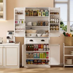 Buffet de Cuisine Bas- 80 x 40 x 182 cm -1 Armoire &agrave; 6 Niveaux et 4 Portes &agrave; 1tiroir， Blanc