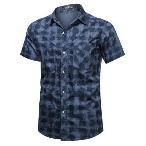 Chemise Homme Camouflage Manches Courtes en Coton Chemisette Ete Avec Poche Tissu Confortable - Bleu