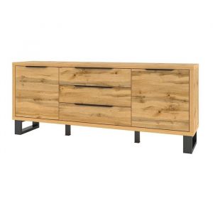 Buffet bahut enfilade MILO deux portes trois tiroirs. Coloris chêne avec finition noire. Style industriel.