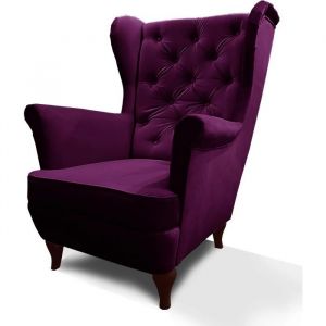 Fauteuil &agrave; oreilles en velours avec ressorts ondul&eacute;s &ndash; &eacute;l&eacute;gant et confortable &ndash; FALCO Violet avec pieds en weng&eacute;.
