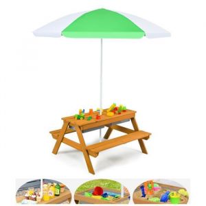 COSTWAY Table et 2 Bancs pour 4 Enfants avec Parasol  2 Boîtes pour Sable & Eau Plateau Amovible 3-7 Ans