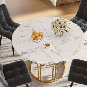 Table &agrave; manger Maisentiel carr&eacute;e 100x100x76 cm en MDF blanc et pieds m&eacute;tal dor&eacute; design polyvalent pour salle &agrave; manger et salon